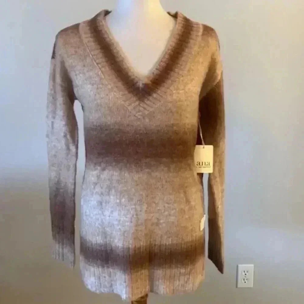 a.n.a Ombre V-Neck Sweater Neutral Brown Tan Cozy Knit Boho Fall Layering XS NWT - Picture 2 of 7